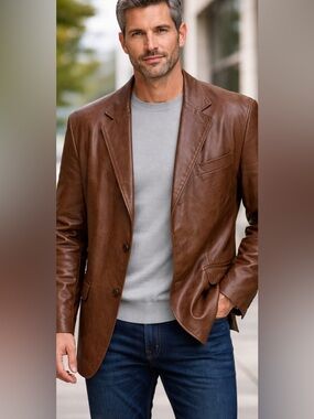 St Croix Shop Men Brown Leather Blazer 46 Soft Genuine Leather Sport Coat 2Btn